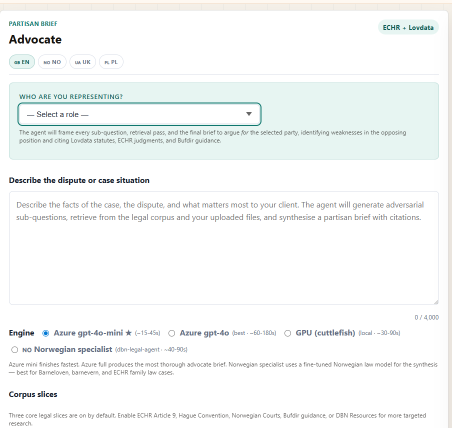 Advocate form — role selector, case description, engine, corpus slices