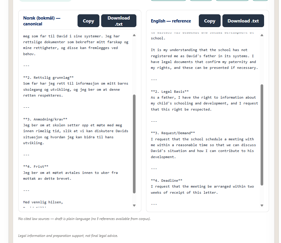 Two-column output: Norwegian bokmål and English side by side