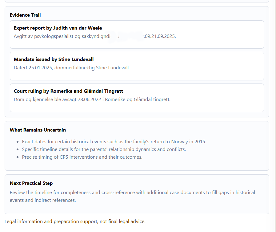 Evidence Trail section with source documents, What Remains Uncertain list, and Next Practical Step recommendation