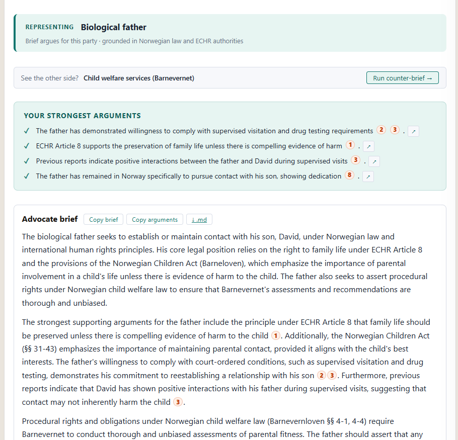 Advocate output showing strongest arguments and the partisan brief