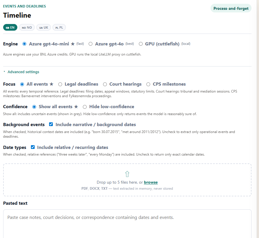 Timeline form — engine selection and advanced settings panel showing Focus, Confidence, Background events, and Date types